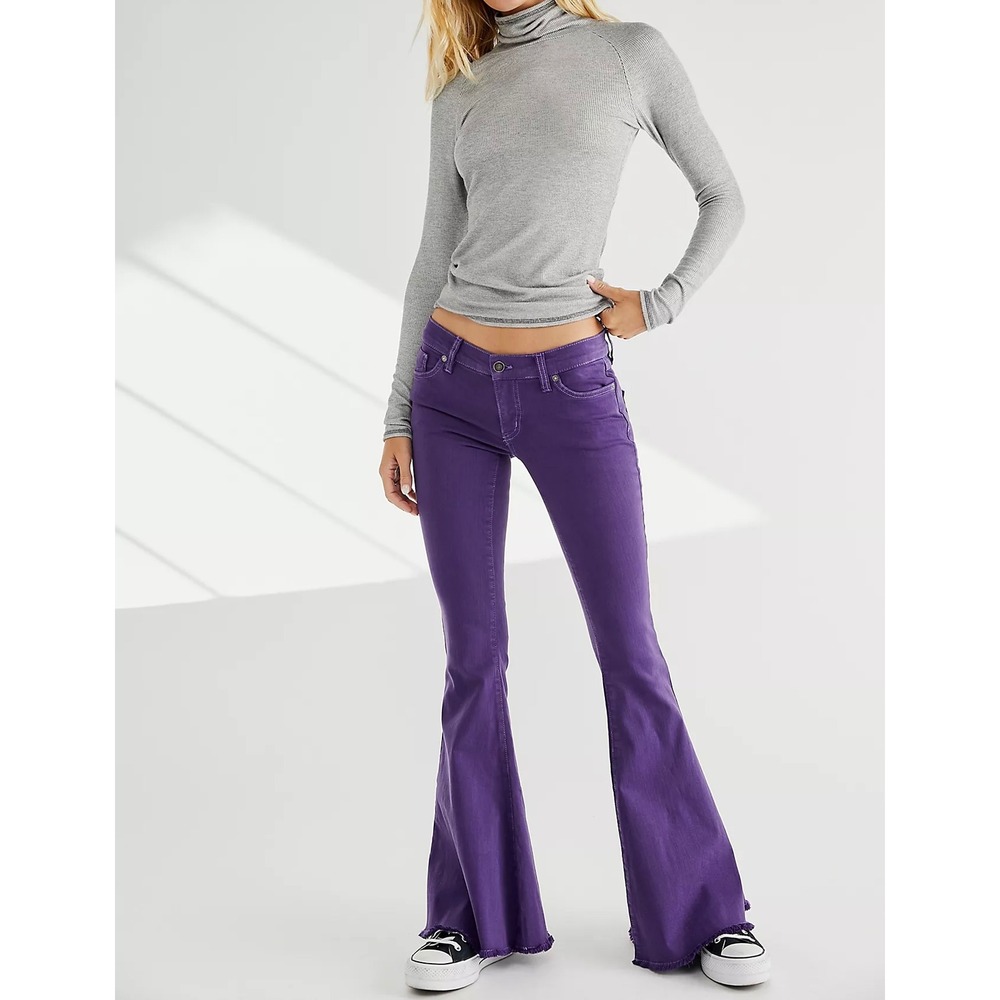 We The Free Free People Penny Flare Jeans Purple Low Rise Raw Hem 25 NWOT